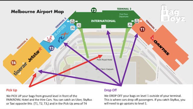 BagBoyz Drop off and pick up map at Melbourne Airport