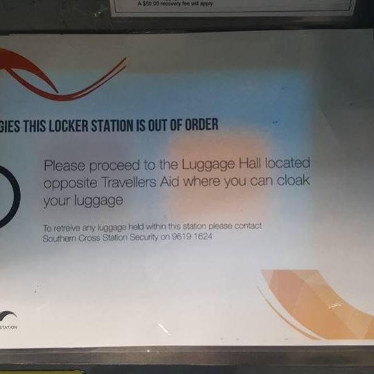 Sign for out of order lockers at Southern Cross Station